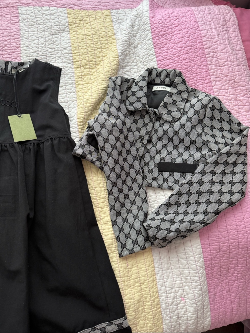 Gucci Black Dress & Gray GG Monogram Cropped Jacket Set